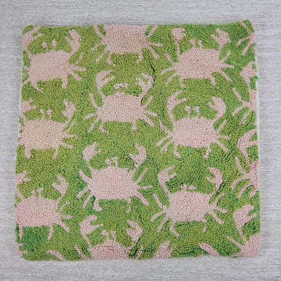 Vtg Handmade Wool Hooked Crab Pillow Cover 18x18 Coastal Nautical Beach Cottage - Picture 14 of 16